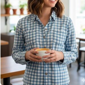 Blue & White Plaid Long Sleeve Button Down Shirt